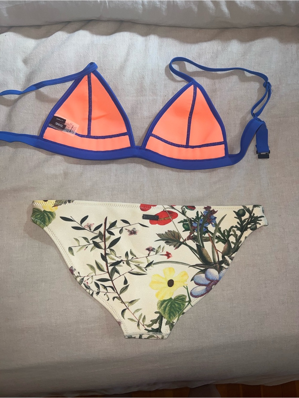 triangl swimwear Blue Triangle Top with Floral & Neon Coral Accent Bottom - Picture 2 of 5